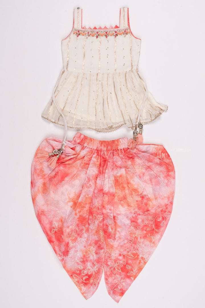 The Nesavu Girls Dothi Sets Sparkling White Kurti & Pink Tie-Dye Dhoti: Glittery Sequin Ensemble - Latest Frock Design for Fashion Nesavu Latest Girls Kurti and Dhoti Designs | Elegant Dothi Set Outfits for Girls | The Nesavu