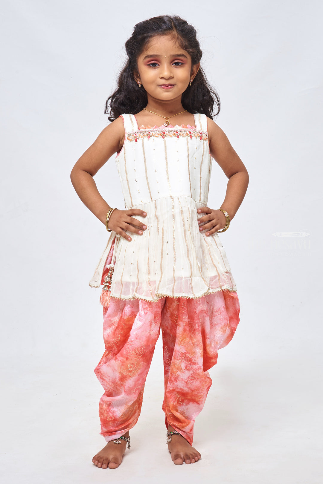 The Nesavu Girls Dothi Sets Sparkling White Kurti & Pink Tie-Dye Dhoti: Glittery Sequin Ensemble - Latest Frock Design for Fashion Nesavu Latest Girls Kurti and Dhoti Designs | Elegant Dothi Set Outfits for Girls | The Nesavu