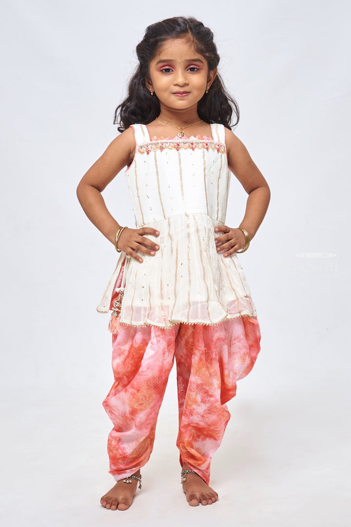 The Nesavu Girls Dothi Sets Sparkling White Kurti & Pink Tie-Dye Dhoti: Glittery Sequin Ensemble - Latest Frock Design for Fashion Nesavu Latest Girls Kurti and Dhoti Designs | Elegant Dothi Set Outfits for Girls | The Nesavu