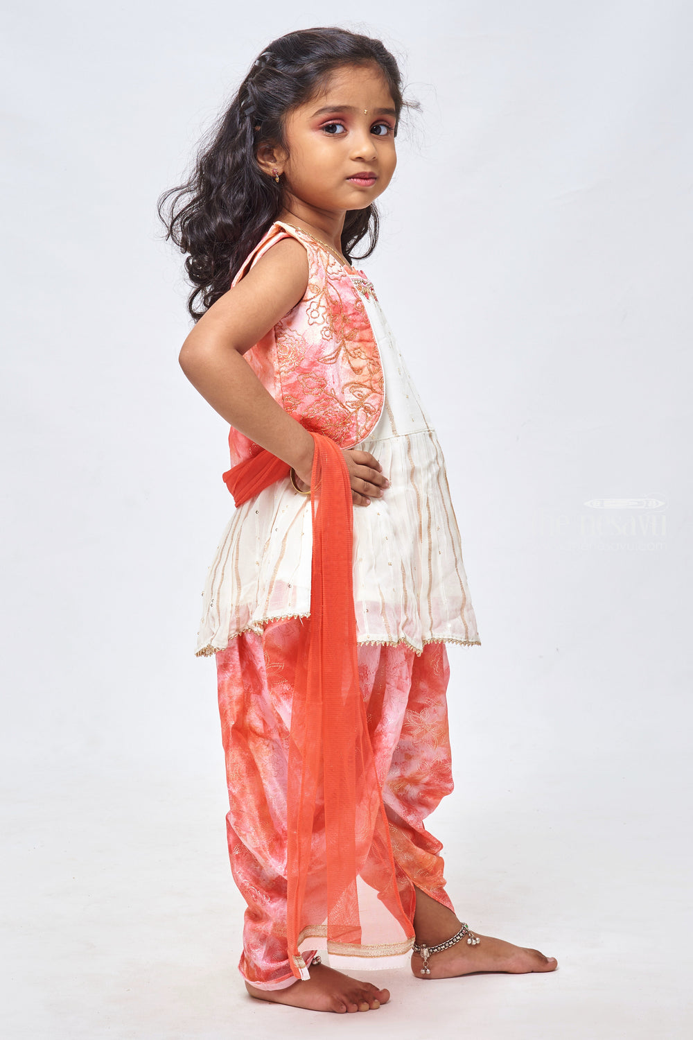 The Nesavu Girls Dothi Sets Sparkling White Kurti & Pink Tie-Dye Dhoti: Glittery Sequin Ensemble - Latest Frock Design for Fashion Nesavu Latest Girls Kurti and Dhoti Designs | Elegant Dothi Set Outfits for Girls | The Nesavu