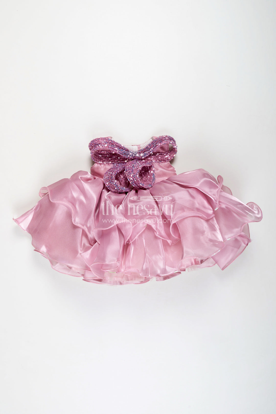 The Nesavu Girls Fancy Party Frock Special Occasion Baby Frock With Ruffles Perfect For Birthday Party Celebrations Nesavu 16 (1Y) / Peach PF230A-16 Nesavu Pink Birthday Party Frock Girls Organza Ruffled Layers Sparkling Beaded Bow