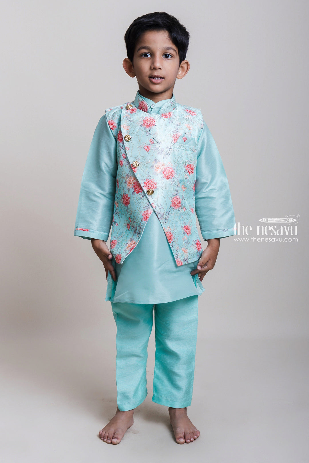 The Nesavu Boys Jacket Sets Spell Binding Three Piece Green Kurta And Floral Printed Overcoat For Little Boys Nesavu 16 (1Y) / Turquoise / Silk Blend BES254B-16 Shop Kurta Dresses For Boys | Party Wear Kurta Online | The Nesavu