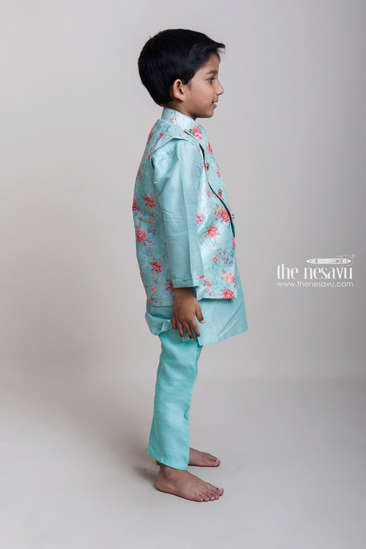 The Nesavu Boys Jacket Sets Spell Binding Three Piece Green Kurta And Floral Printed Overcoat For Little Boys Nesavu Shop Kurta Dresses For Boys | Party Wear Kurta Online | The Nesavu