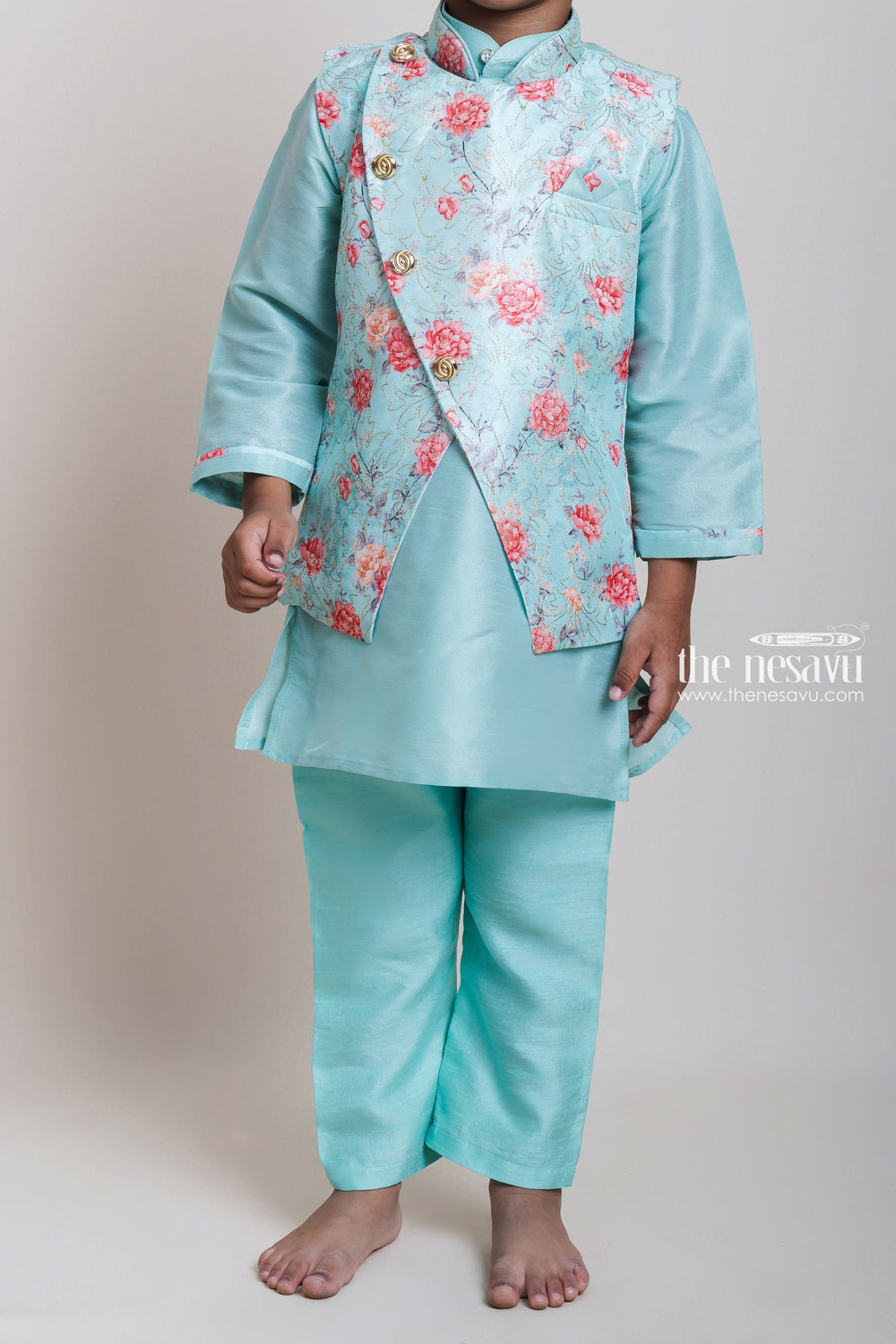 The Nesavu Boys Jacket Sets Spell Binding Three Piece Green Kurta And Floral Printed Overcoat For Little Boys Nesavu Shop Kurta Dresses For Boys | Party Wear Kurta Online | The Nesavu