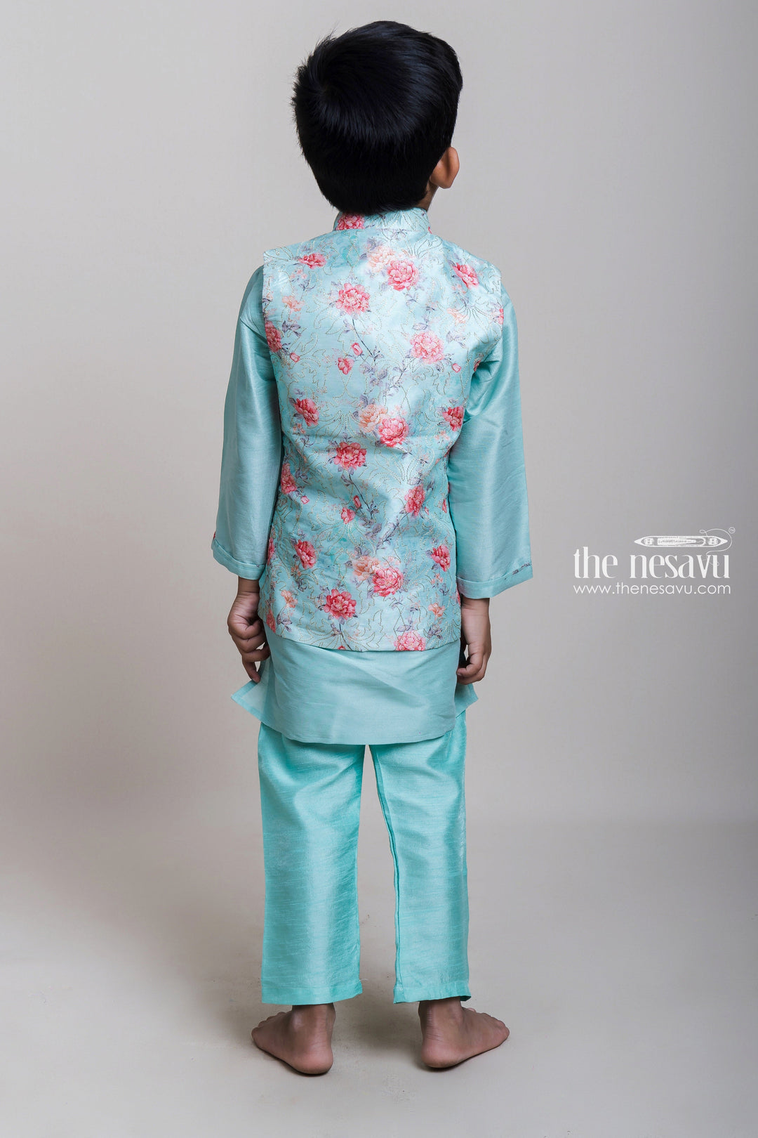 The Nesavu Boys Jacket Sets Spell Binding Three Piece Green Kurta And Floral Printed Overcoat For Little Boys Nesavu Shop Kurta Dresses For Boys | Party Wear Kurta Online | The Nesavu