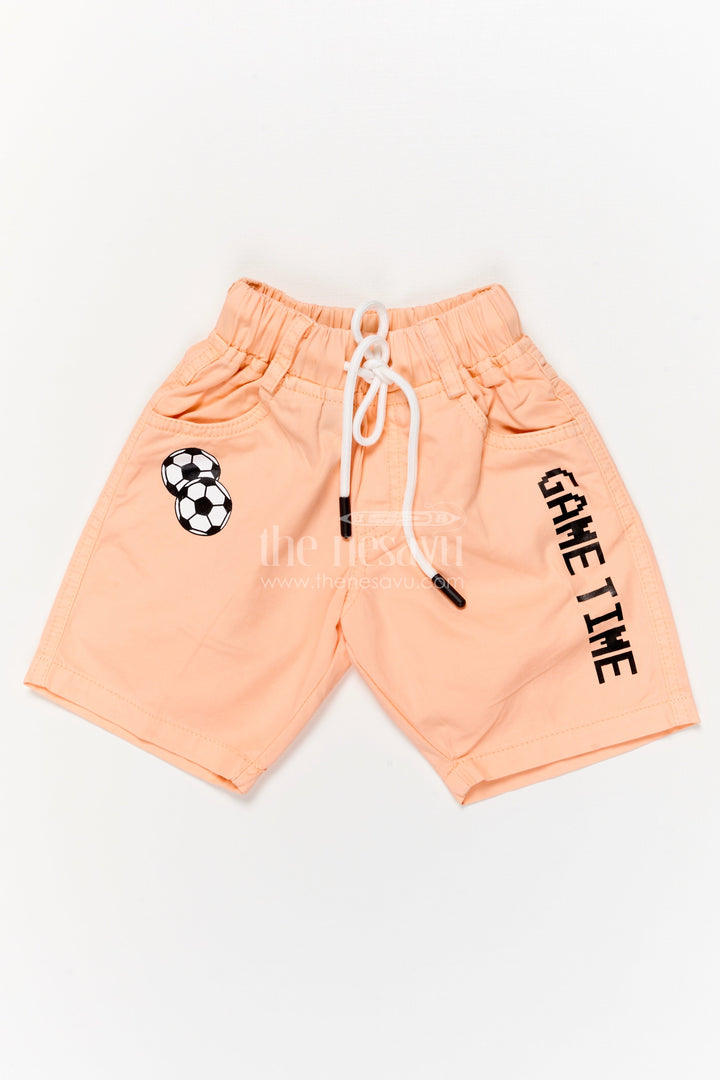 The Nesavu Boys Shorts Sporty Cotton Boys Shorts with Football Design and Playful Print Nesavu 14 (6M) / Orange / Cotton BWS068B-14 Boys breathable cotton shorts with football patch and drawstring fit
