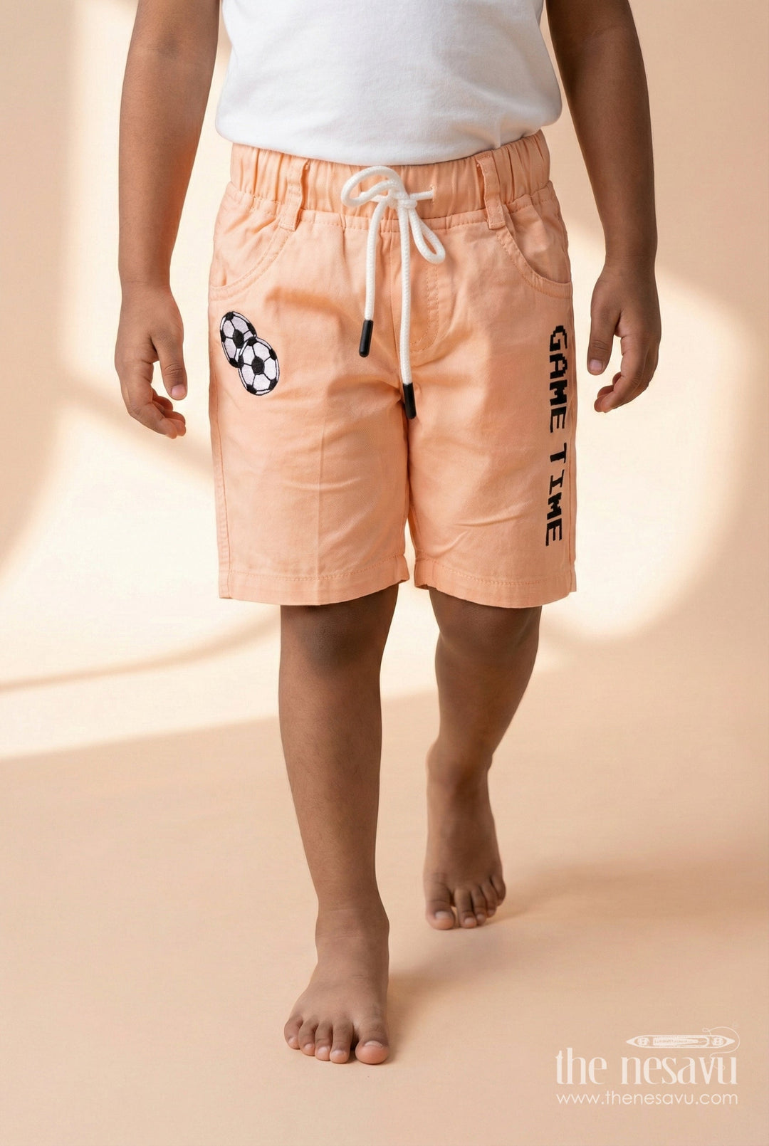The Nesavu Boys Shorts Sporty Cotton Boys Shorts with Football Design and Playful Print Nesavu 14 (6M) / Orange / Cotton BWS068B-14 Boys breathable cotton shorts with football patch and drawstring fit