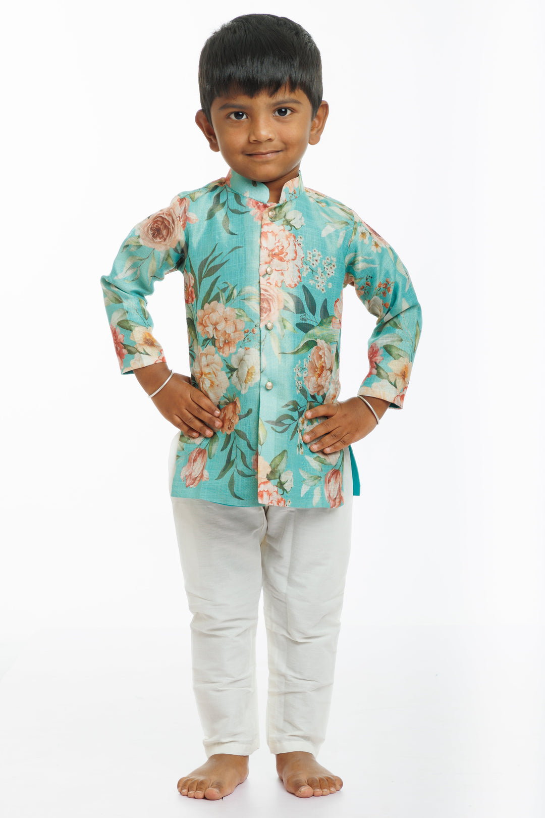 The Nesavu Boys Kurtha Set Spring Blossom Boys Kurta Set - Fresh Elegance for Festive Occasions Nesavu 14 (6M) / Green / Gold Tissue BES522A-14 Boys Floral Kurta Set | Vibrant Festival Wear for Young Gentlemen | The Nesavu