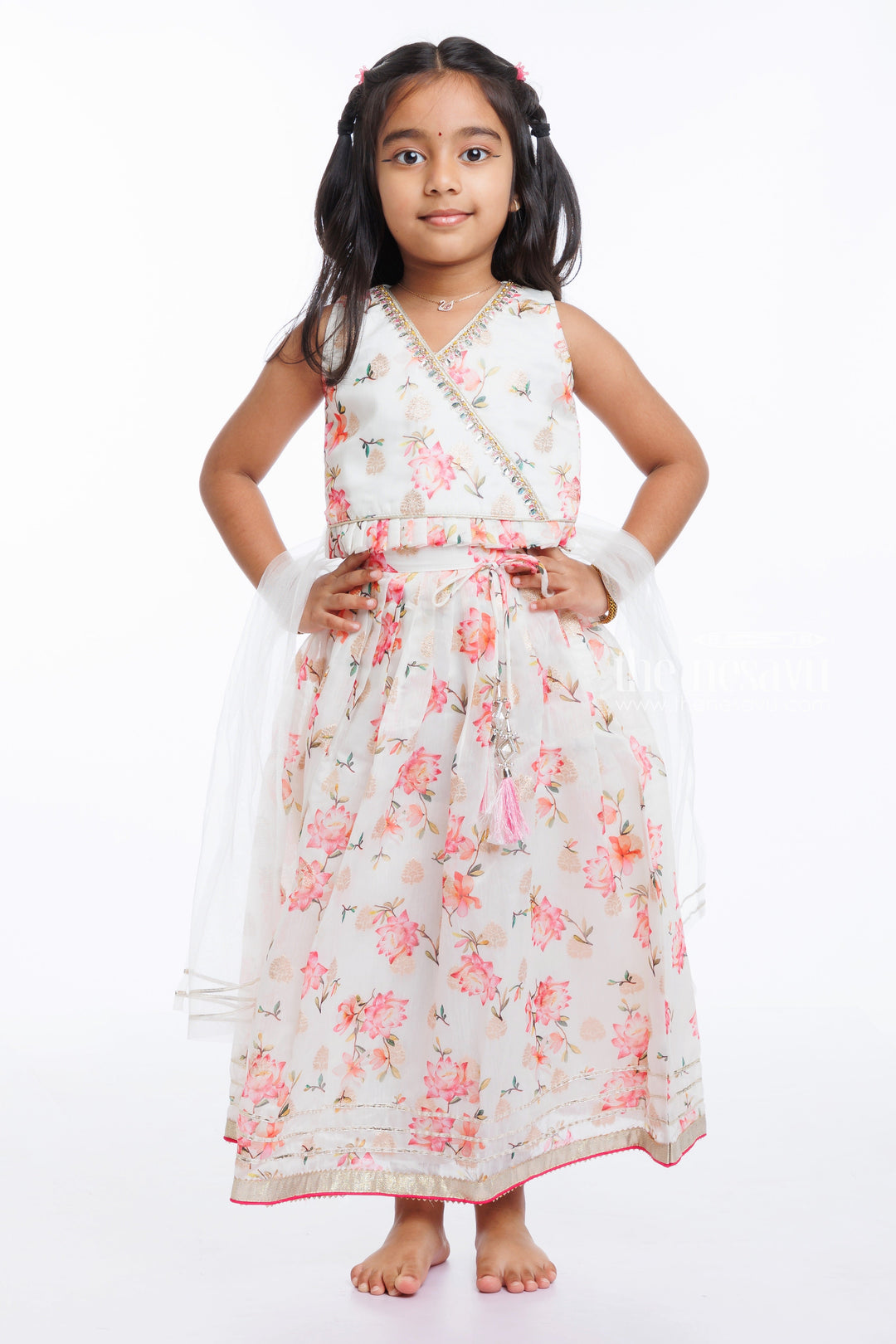 The Nesavu Girls Lehenga Choli Spring Blossom Lehenga Set for Girls - Celebrate Ugadi in Style Nesavu 16 (1Y) / White / Organza GL441A-16 Girls Festive Lehenga for Ugadi and Spring Celebrations | Floral Elegance | The Nesavu