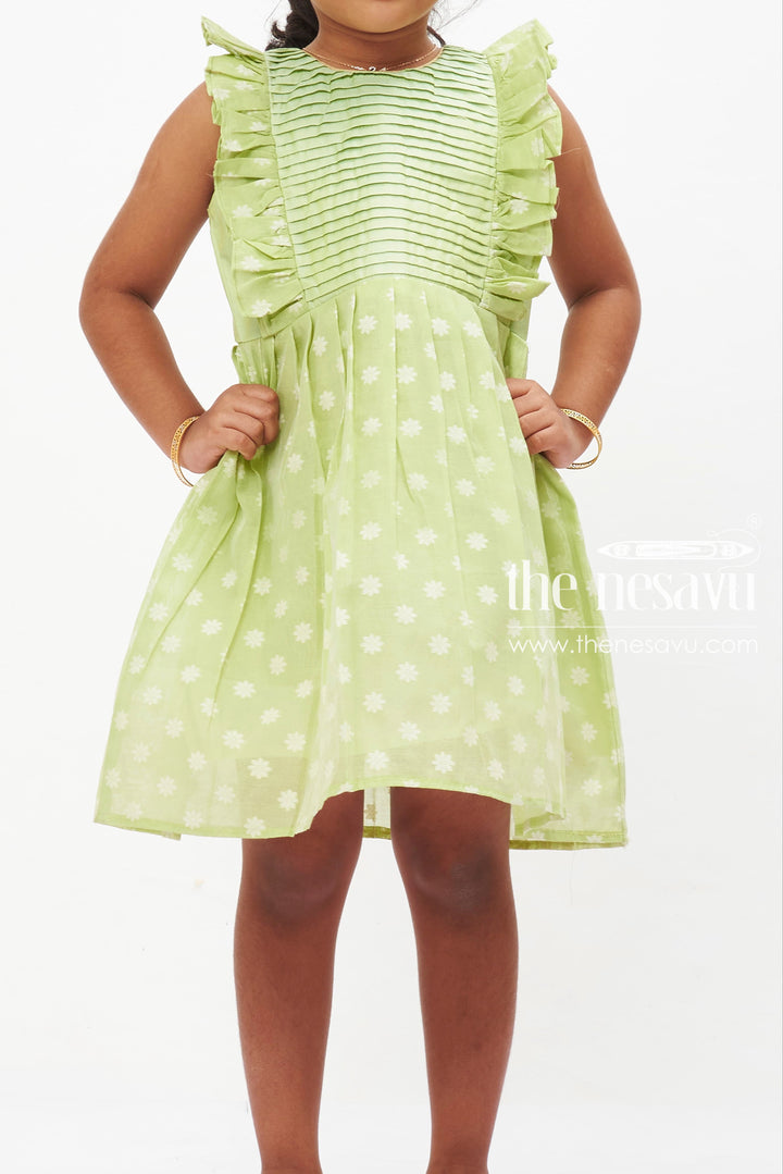 The Nesavu Baby Cotton Frocks Spring Green Flutter Sleeve Dress with White Floral Pattern Cotton Frock for Girls Nesavu Girls Spring Green Floral Dress with Flutter Sleeves | The Nesavu