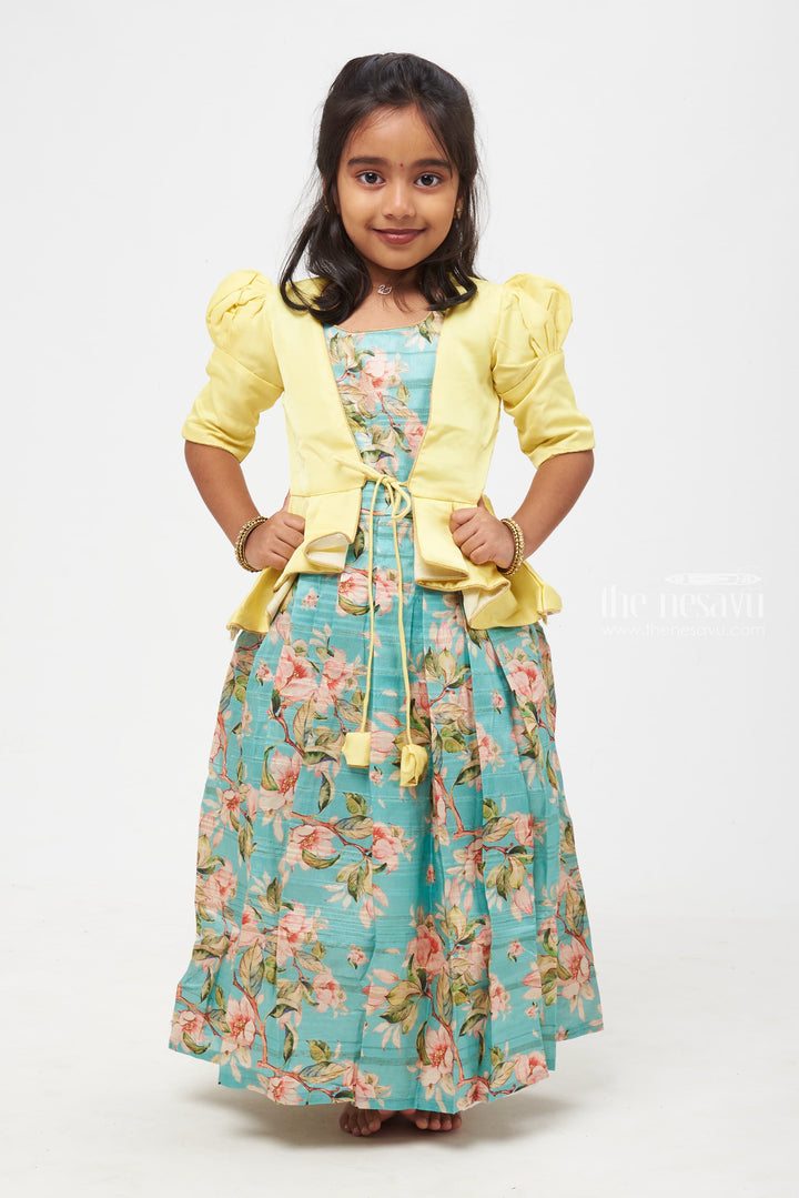 The Nesavu Girls Silk Gown Spring Radiance: Children's Lemon Peplum Jacket & Floral Anarkali for Girls Nesavu 16 (1Y) / Blue / Silk Blend GA180A-16 Graceful Ensemble: Unveiling Our Anarkali with Overcoat Range | The Nesavu