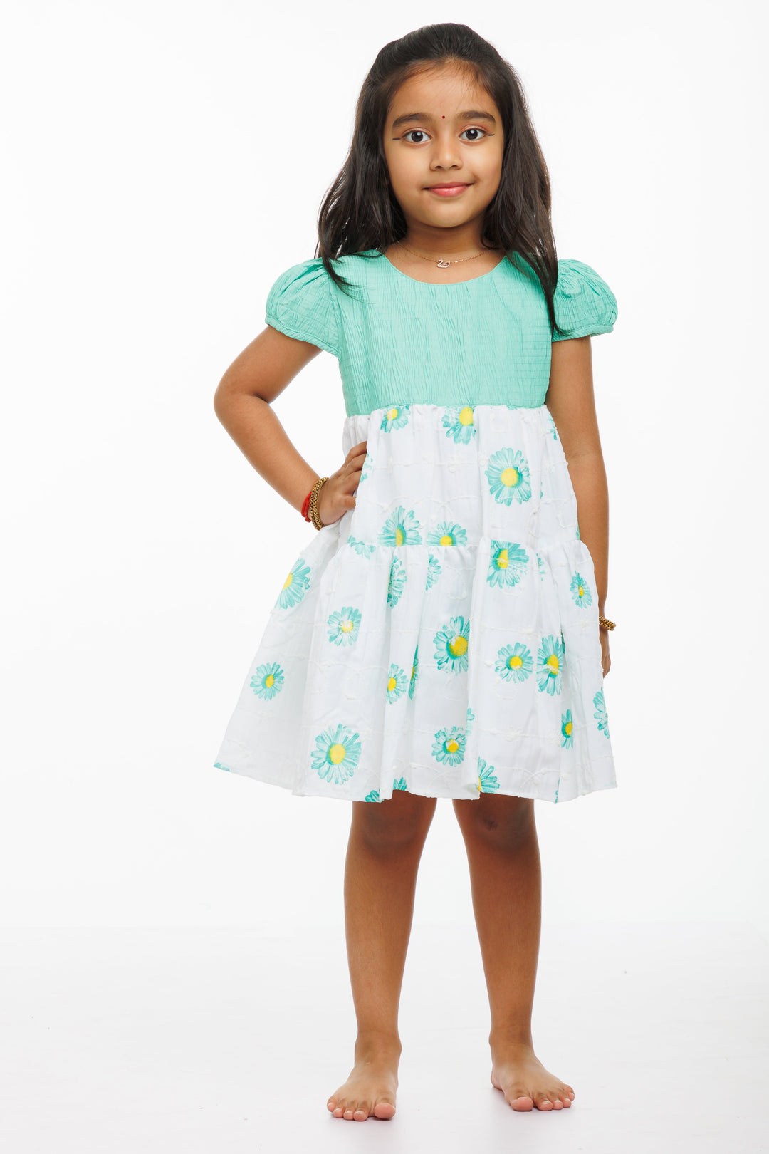 The Nesavu Girls Cotton Frock Springtime Blossom Girls Green Cotton Frock with Floral Accents Nesavu 20 (3Y) / Green / Cotton GFC1273A-20 Girls Green Floral Print Cotton Frock | Perfect for Spring/Summer | The Nesavu