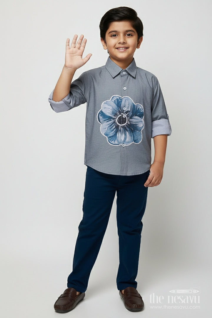 The Nesavu Boys Casual Set Statement Floral Casual Outfit for Boys with Cotton Blend Comfort Nesavu 16 (1Y) / Blue BCS493B-16 Nesavu boys printed cotton blend casual shirt pant set large floral motif