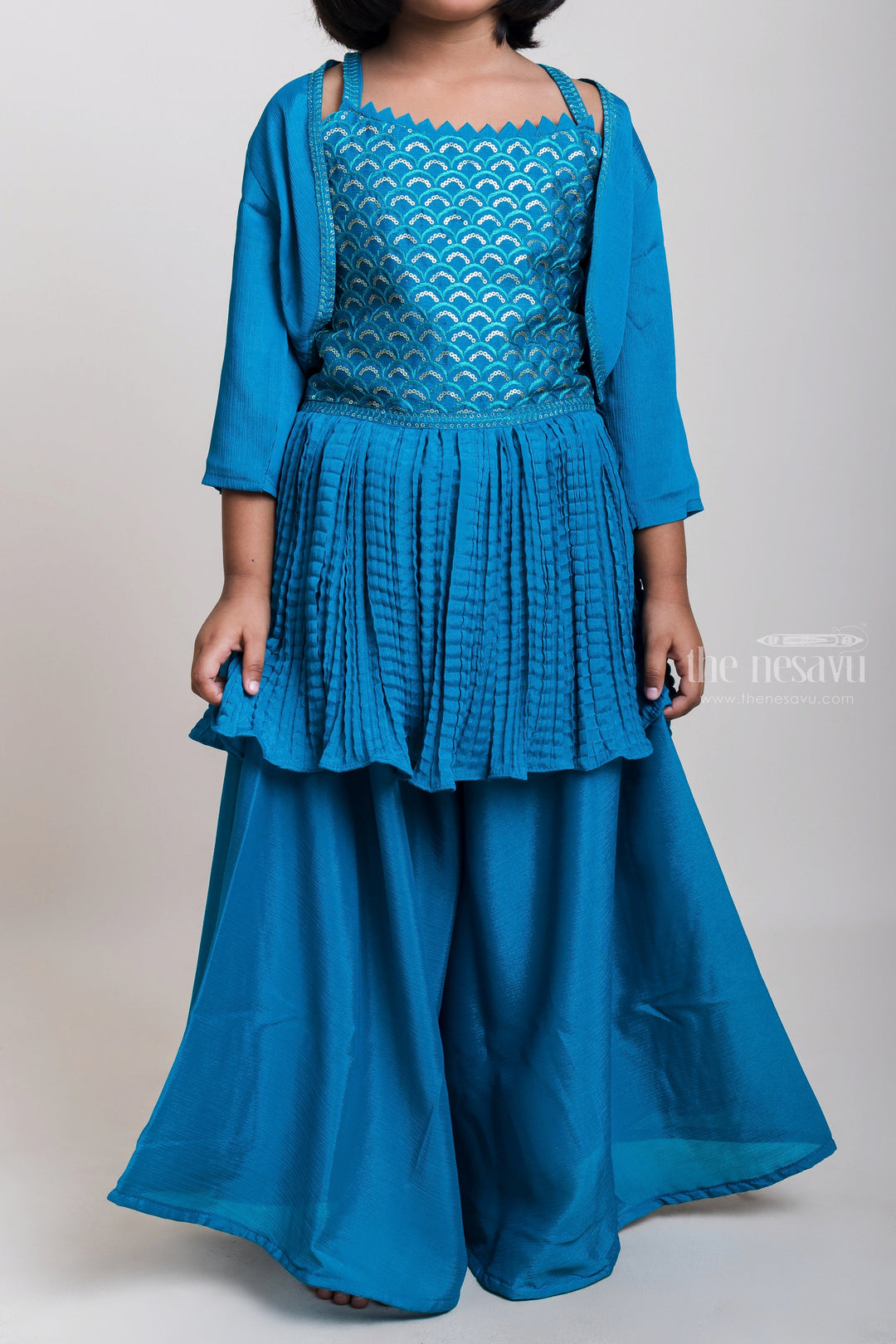 The Nesavu Girls Sharara / Plazo Set Strictly Blue - Splendid Crop Tops And Awesome Patiala Pants For Girls Nesavu Trendy Blue Crop Tops And Patiala Pants| Latest Design | The Nesavu