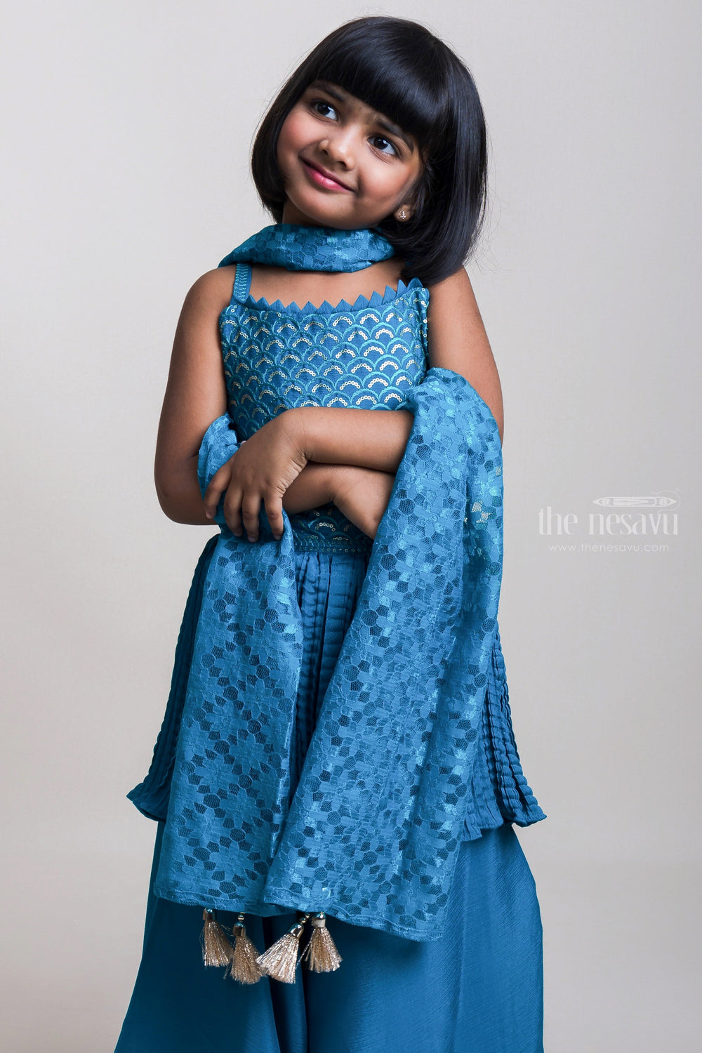 The Nesavu Girls Sharara / Plazo Set Strictly Blue - Splendid Crop Tops And Awesome Patiala Pants For Girls Nesavu Trendy Blue Crop Tops And Patiala Pants| Latest Design | The Nesavu