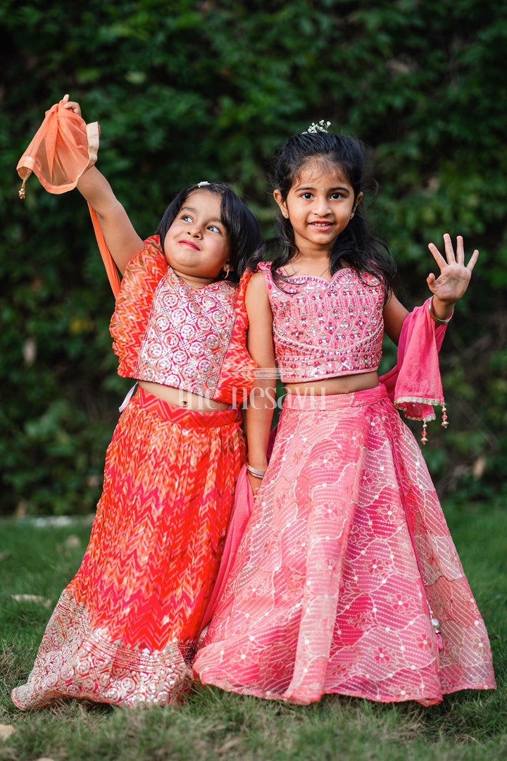The Nesavu Girls Lehenga Choli Striking Red Girls Lehenga Choli Set with Mirror-Work Crop Top and Floral Skirt Nesavu Nesavu Red Lehenga Choli Set Girls Mirror-Work Crop Top Floral Skirt