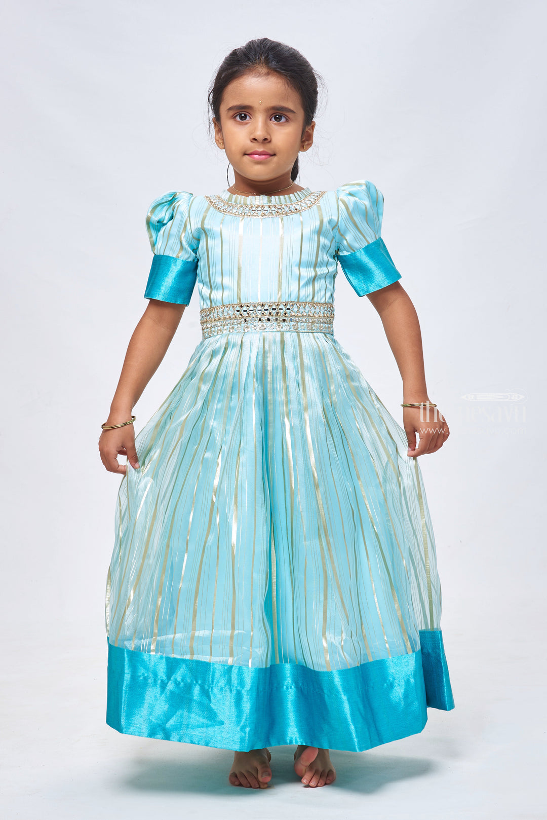 The Nesavu Girls Party Gown Stripe Charm: Blue Organza Gown with Gota Mirror Embroidery & Puffed Sleeves Nesavu 18 (2Y) / Blue / Organza GA149A-18 Kid’s Stylish Anarkali Dress | Exquisite Anarkali for Party Wear | The Nesavu