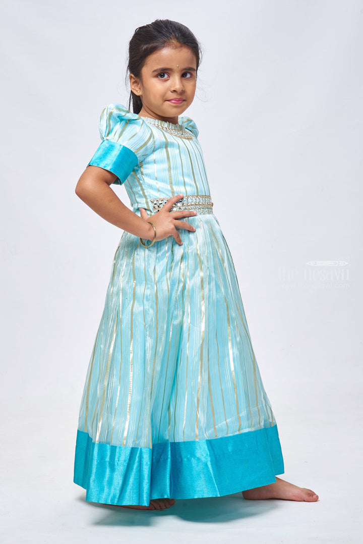 The Nesavu Girls Party Gown Stripe Charm: Blue Organza Gown with Gota Mirror Embroidery & Puffed Sleeves Nesavu Kid’s Stylish Anarkali Dress | Exquisite Anarkali for Party Wear | The Nesavu