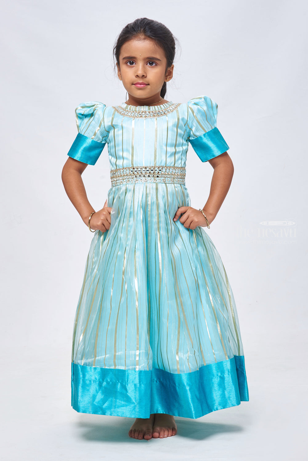 The Nesavu Girls Party Gown Stripe Charm: Blue Organza Gown with Gota Mirror Embroidery & Puffed Sleeves Nesavu Kid’s Stylish Anarkali Dress | Exquisite Anarkali for Party Wear | The Nesavu
