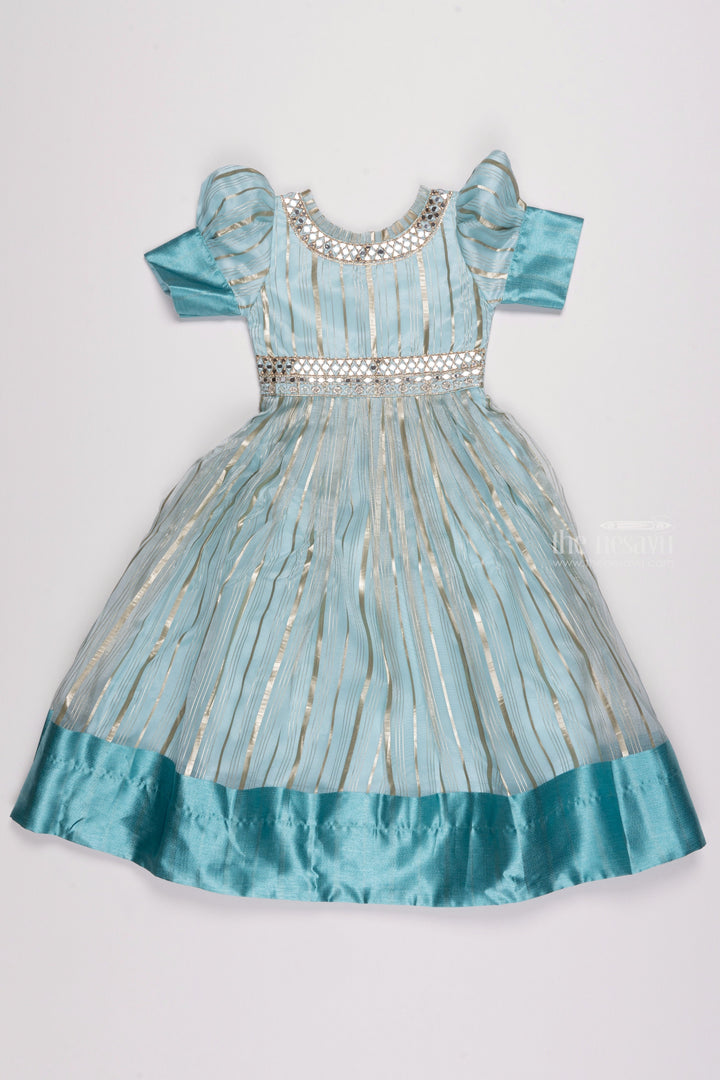 The Nesavu Party Gown Stripe Charm: Blue Organza Gown with Gota Mirror Embroidery & Puffed Sleeves Nesavu 18 (2Y) / Blue / Organza GA149A-18 Kid’s Stylish Anarkali Dress | Exquisite Anarkali for Party Wear | The Nesavu
