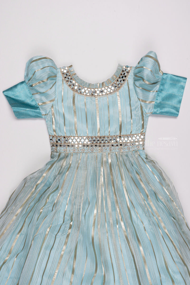 The Nesavu Party Gown Stripe Charm: Blue Organza Gown with Gota Mirror Embroidery & Puffed Sleeves Nesavu Kid’s Stylish Anarkali Dress | Exquisite Anarkali for Party Wear | The Nesavu