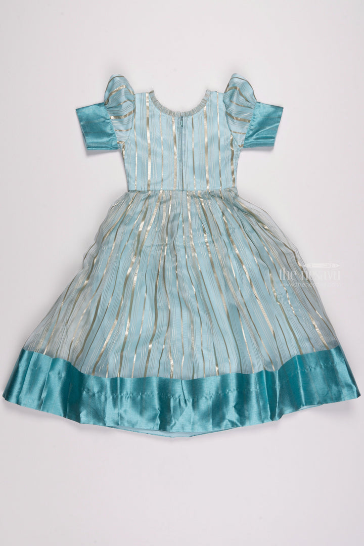 The Nesavu Party Gown Stripe Charm: Blue Organza Gown with Gota Mirror Embroidery & Puffed Sleeves Nesavu Kid’s Stylish Anarkali Dress | Exquisite Anarkali for Party Wear | The Nesavu