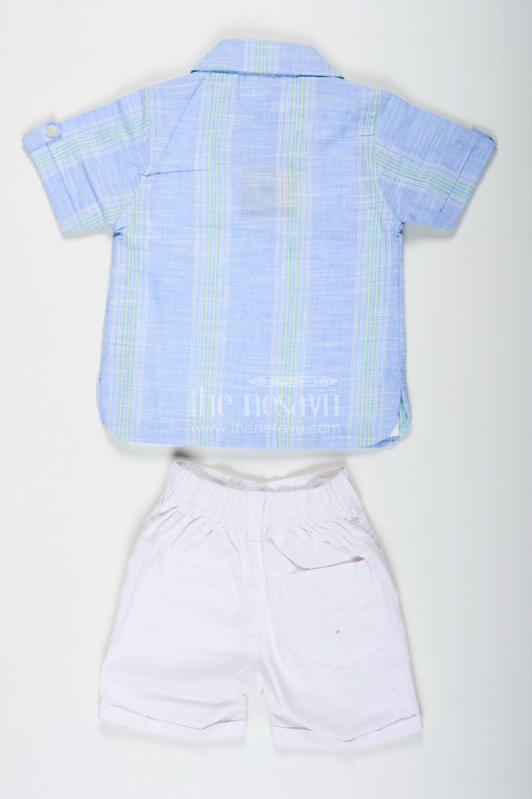 The Nesavu Boys Casual Set Stripe Design Boys Casual Outfit with Printed Tee and Checked Shirt in Designer Cotton with White Pocket Shorts Nesavu Nesavu Stripe Design Boys Outfit with Printed Tee Checked Shirt and Pocket Shorts in Cotton Fabric