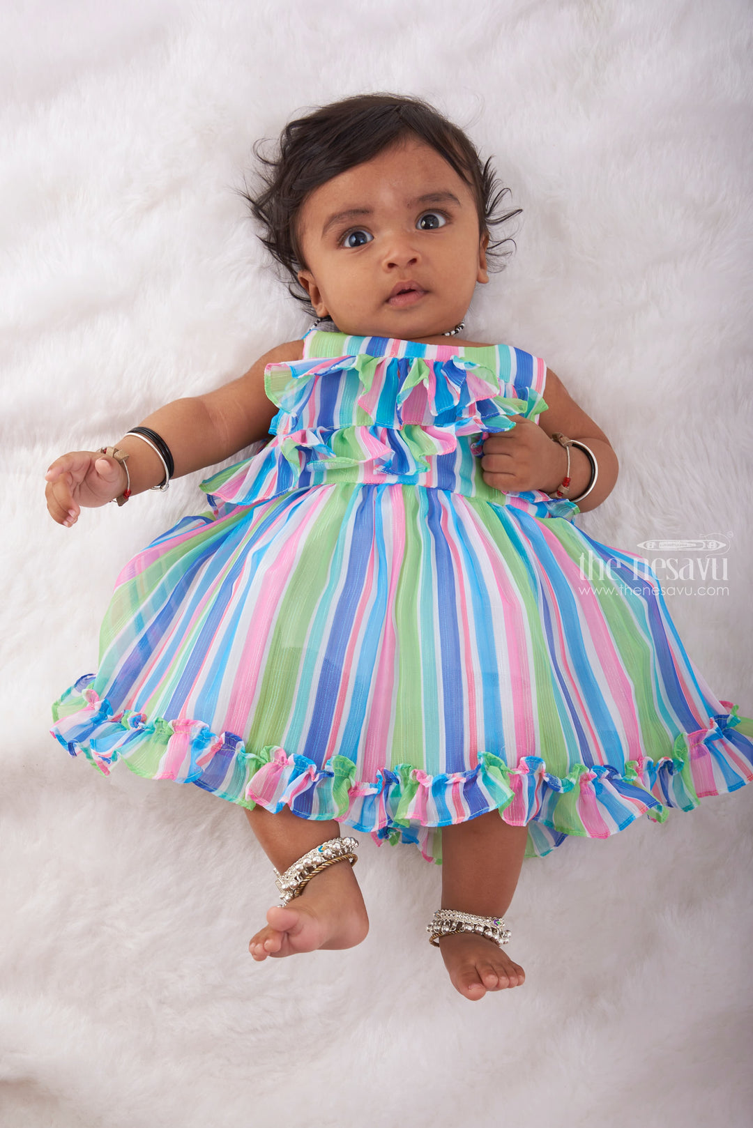 The Nesavu Baby Fancy Frock Striped Baby Dress with Ruffled Neckline- Rainbow Ruffle Radiance Baby Dress Nesavu 14 (6M) / Green / Poly Georgette BFJ479A-14 Sweet Styles for Sweet Moments | Bestselling Baby Frocks | The Nesavu