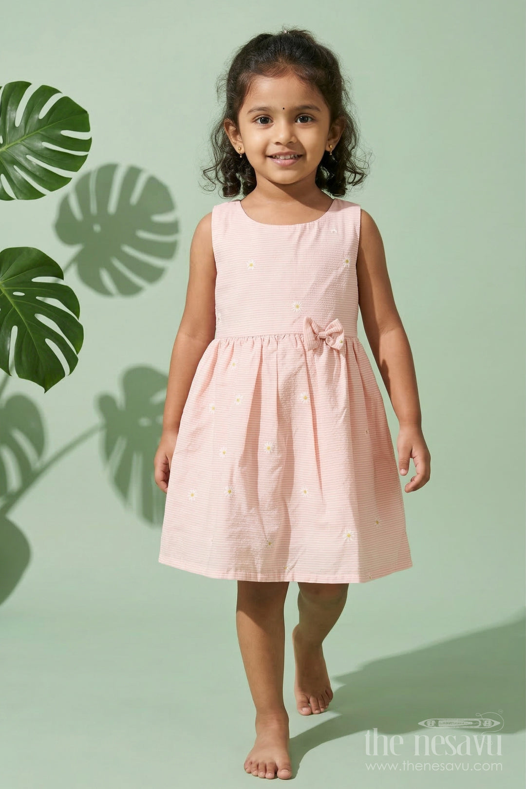 The Nesavu Girls Cotton Frock Striped Cotton Frock with Daisy Embroidery for Sunny Days and Casual Outings Nesavu 20 (3Y) / Half white / Cotton GFC2115A-20 Nesavu striped cotton frock with floral embroidery – ideal for casual wear and daytime events
