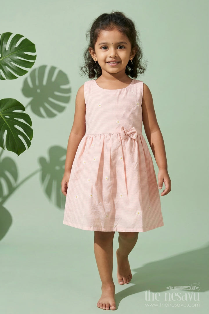 The Nesavu Girls Cotton Frock Striped Cotton Frock with Daisy Embroidery for Sunny Days and Casual Outings Nesavu 20 (3Y) / Half white / Cotton GFC2115A-20 Nesavu striped cotton frock with floral embroidery – ideal for casual wear and daytime events