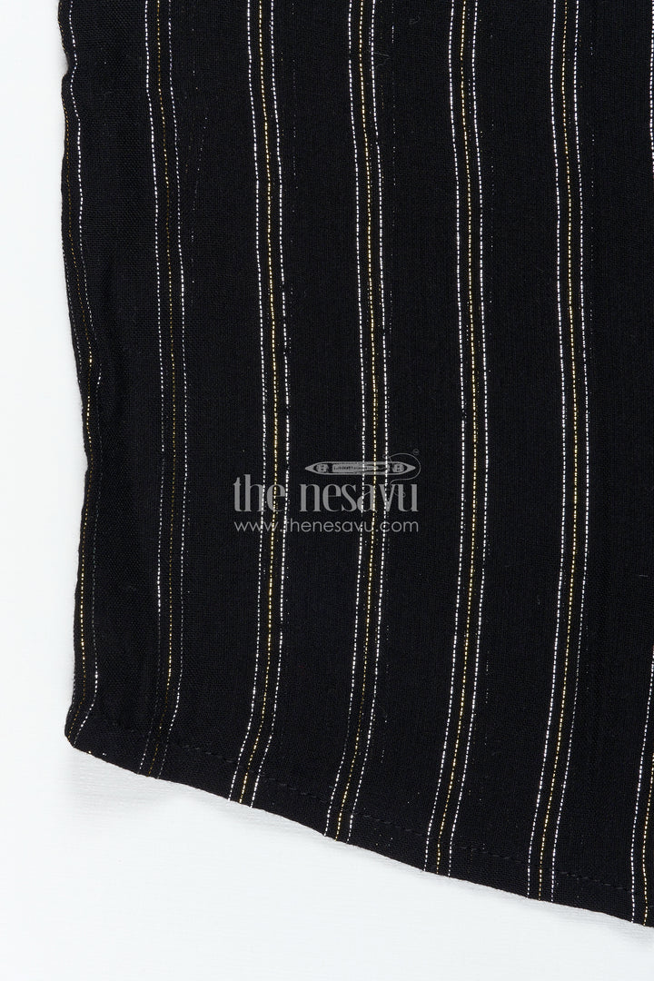 The Nesavu Boys Silk Shirt Striped Kidswear Shirt in Semi Silk Blend with Golden Vertical Lines and Bold Black Base Nesavu Nesavu Striped Kidswear Shirt Semi Silk Blend Vertical Gold Lines Elegant Black Finish