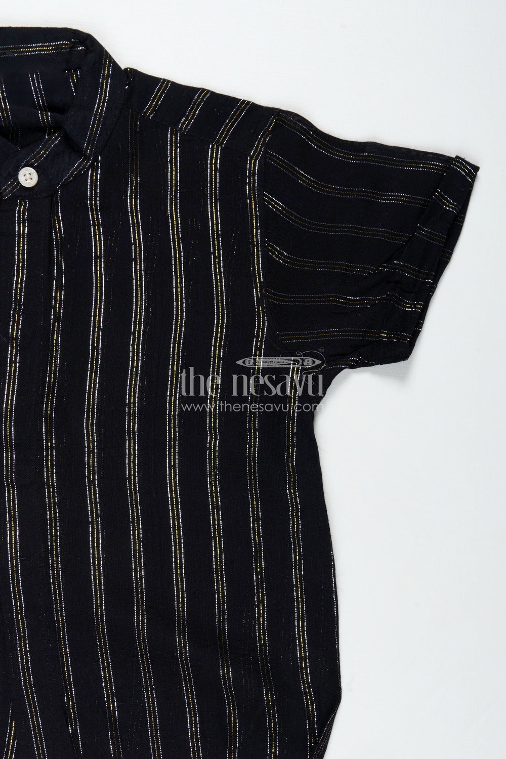 The Nesavu Boys Silk Shirt Striped Kidswear Shirt in Semi Silk Blend with Golden Vertical Lines and Bold Black Base Nesavu Nesavu Striped Kidswear Shirt Semi Silk Blend Vertical Gold Lines Elegant Black Finish