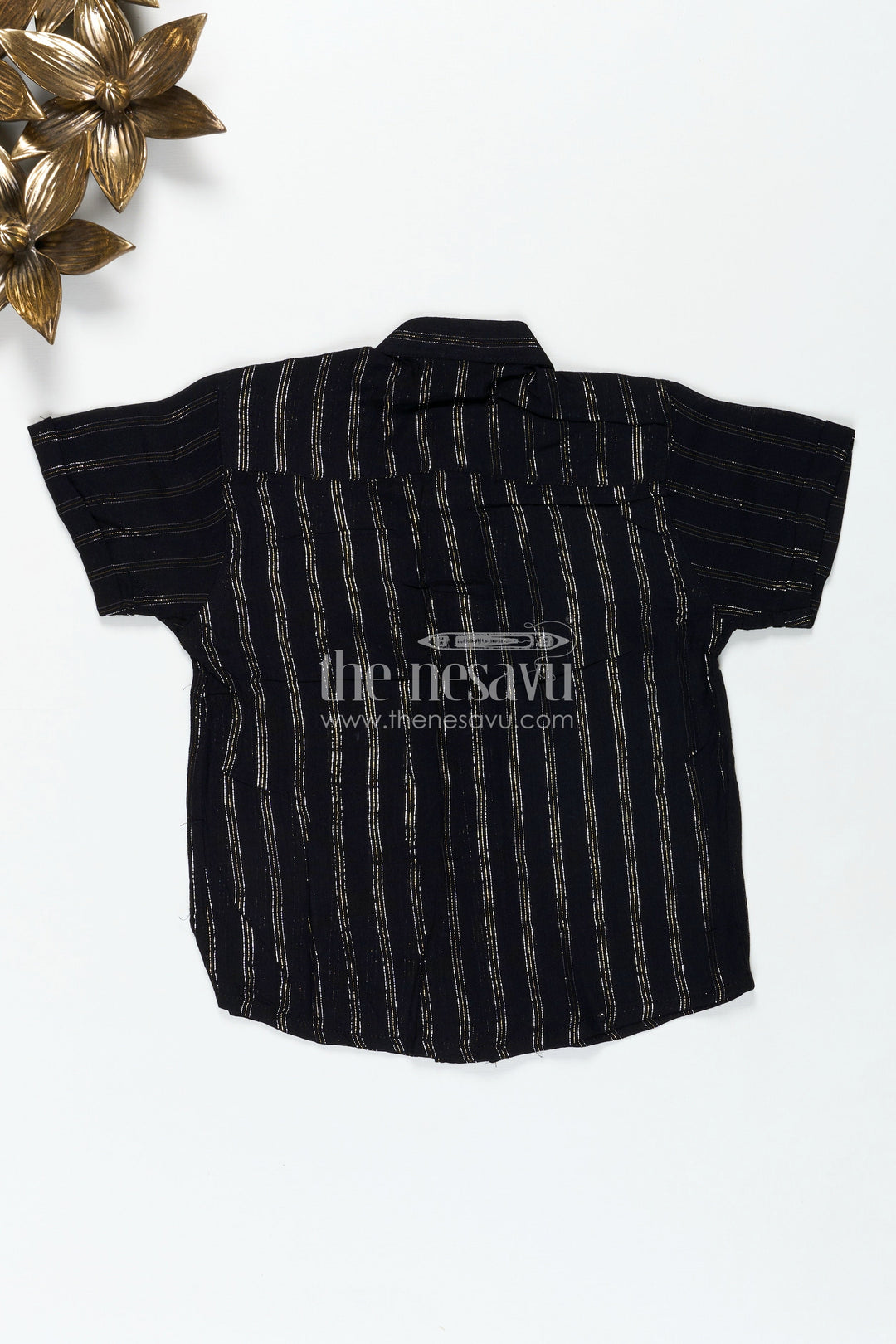 The Nesavu Boys Silk Shirt Striped Kidswear Shirt in Semi Silk Blend with Golden Vertical Lines and Bold Black Base Nesavu Nesavu Striped Kidswear Shirt Semi Silk Blend Vertical Gold Lines Elegant Black Finish