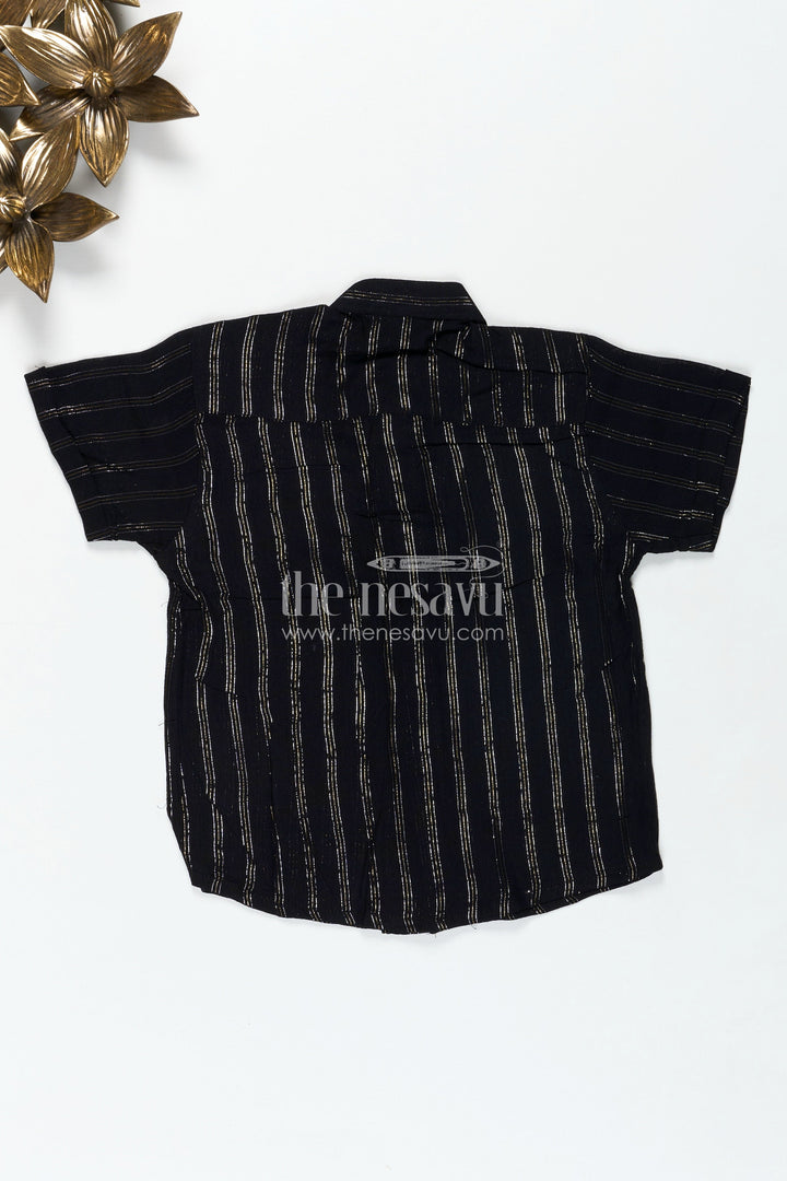 The Nesavu Boys Silk Shirt Striped Kidswear Shirt in Semi Silk Blend with Golden Vertical Lines and Bold Black Base Nesavu Nesavu Striped Kidswear Shirt Semi Silk Blend Vertical Gold Lines Elegant Black Finish