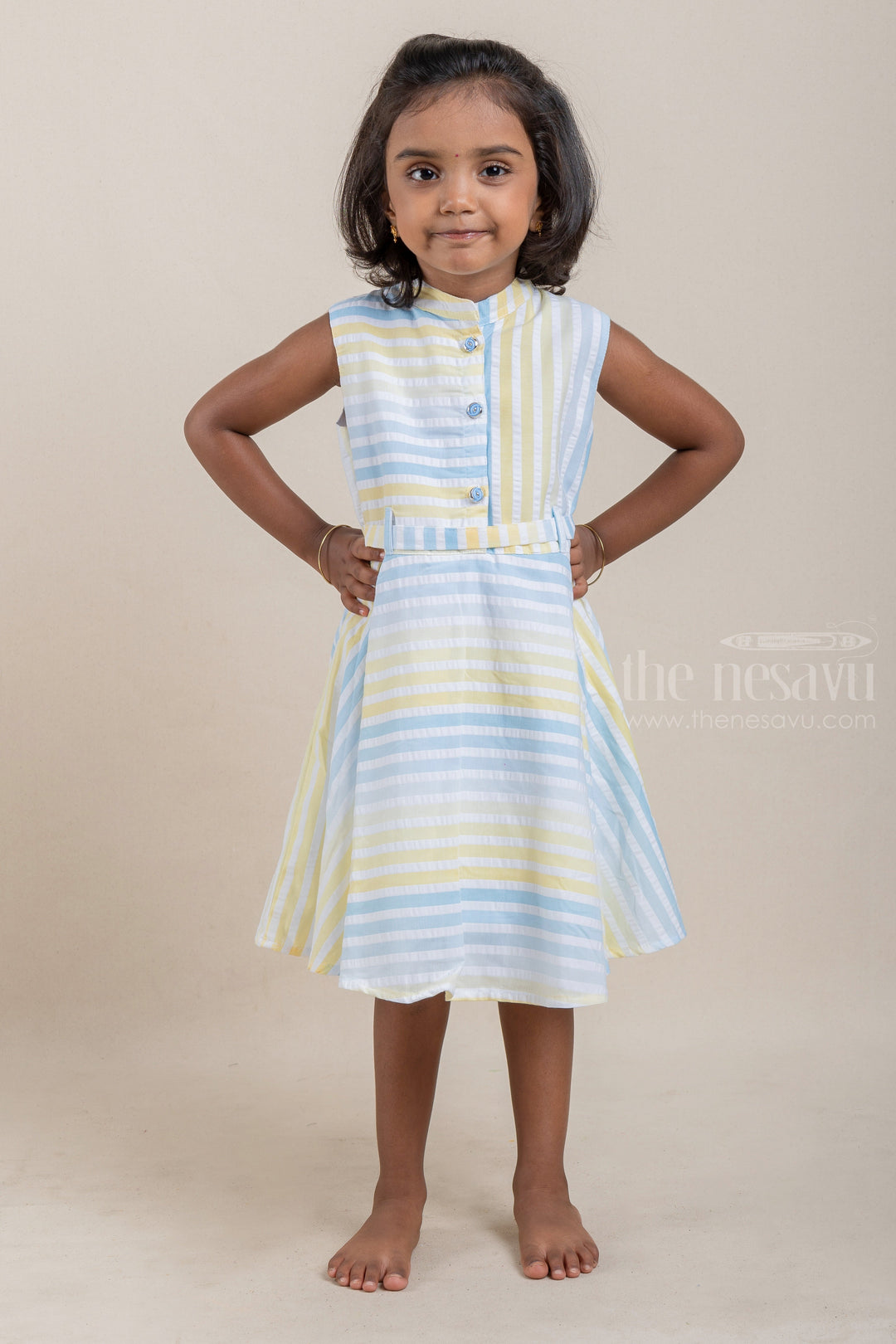 The Nesavu Frocks & Dresses Striped Pattern Blue and Yellow Cotton Frock for Girls psr silks Nesavu 20 (3Y) / Yellow GFC1070A