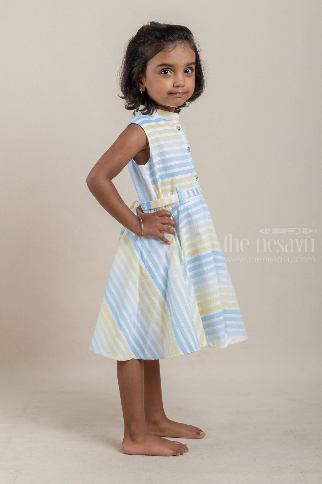 The Nesavu Frocks & Dresses Striped Pattern Blue and Yellow Cotton Frock for Girls psr silks Nesavu