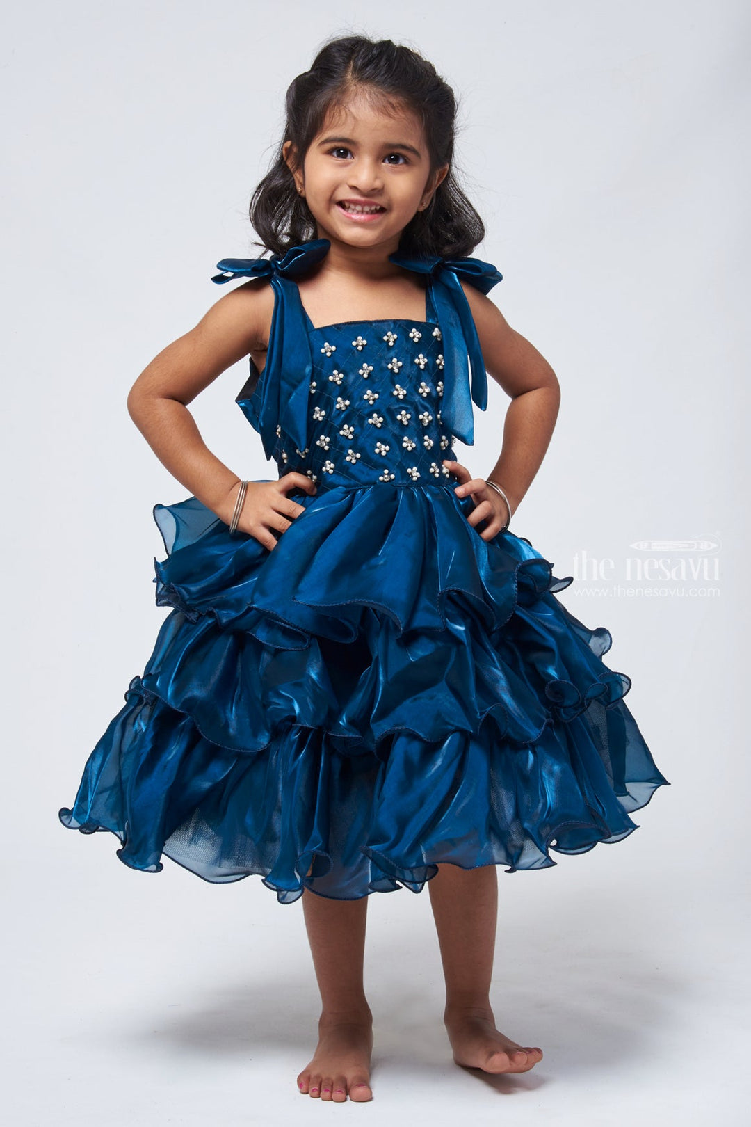 The Nesavu Party Frock Stunning Blue Ruffled Layered Frock: Party Dress with Stone Detailing on Yoke for Girls Nesavu 16 (1Y) / Grey PF123B-16 Stone worked party frock for Girls | Premium Wear | The Nesavu