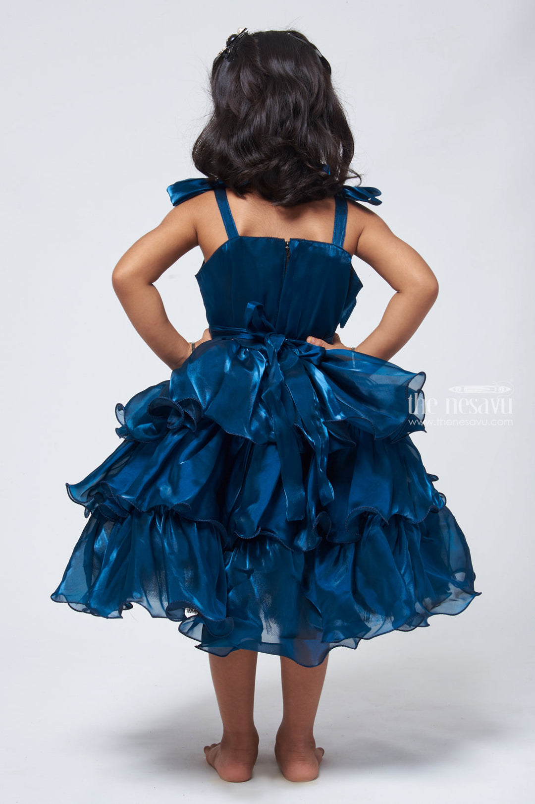 The Nesavu Party Frock Stunning Blue Ruffled Layered Frock: Party Dress with Stone Detailing on Yoke for Girls Nesavu Stone worked party frock for Girls | Premium Wear | The Nesavu