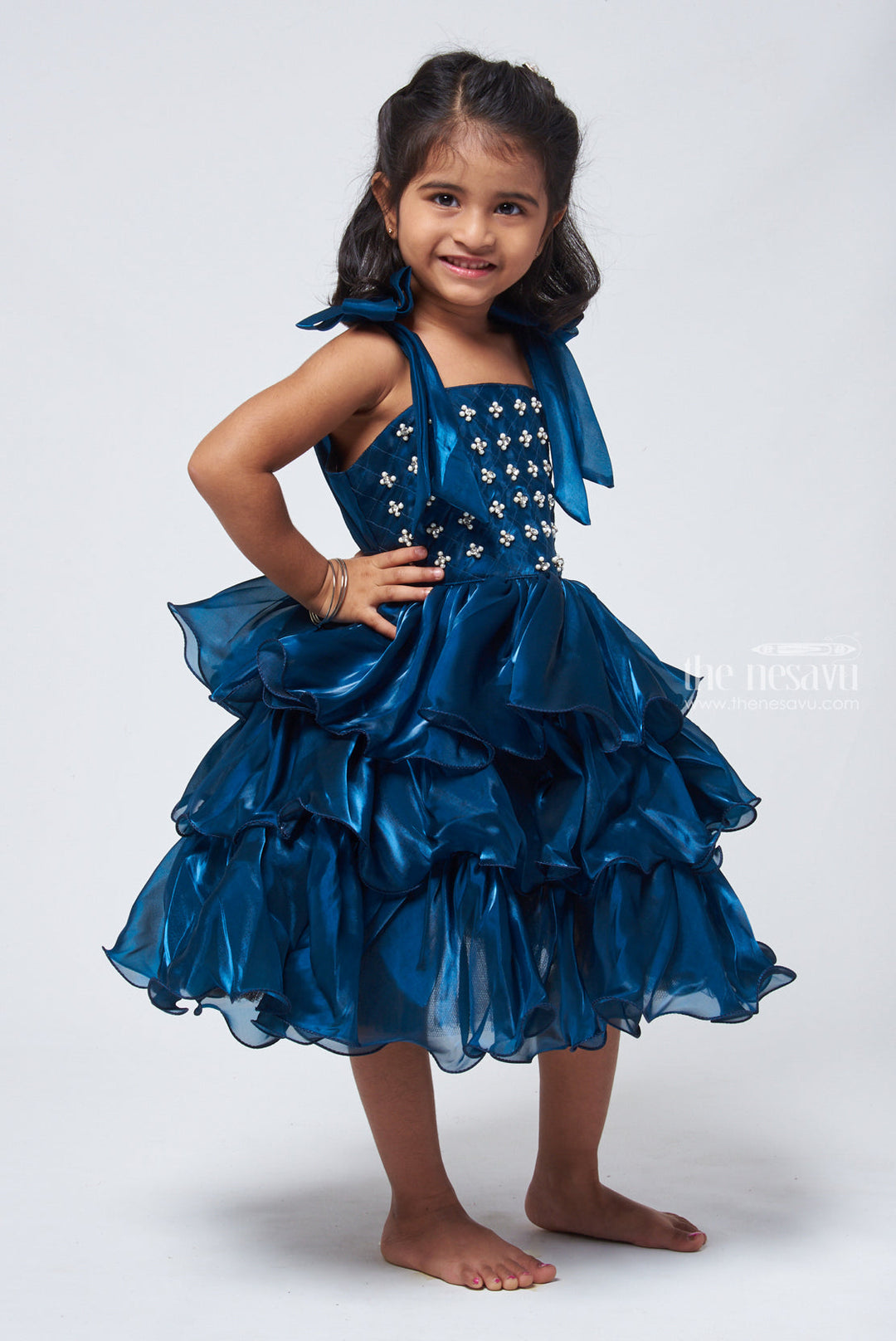 The Nesavu Party Frock Stunning Blue Ruffled Layered Frock: Party Dress with Stone Detailing on Yoke for Girls Nesavu Stone worked party frock for Girls | Premium Wear | The Nesavu