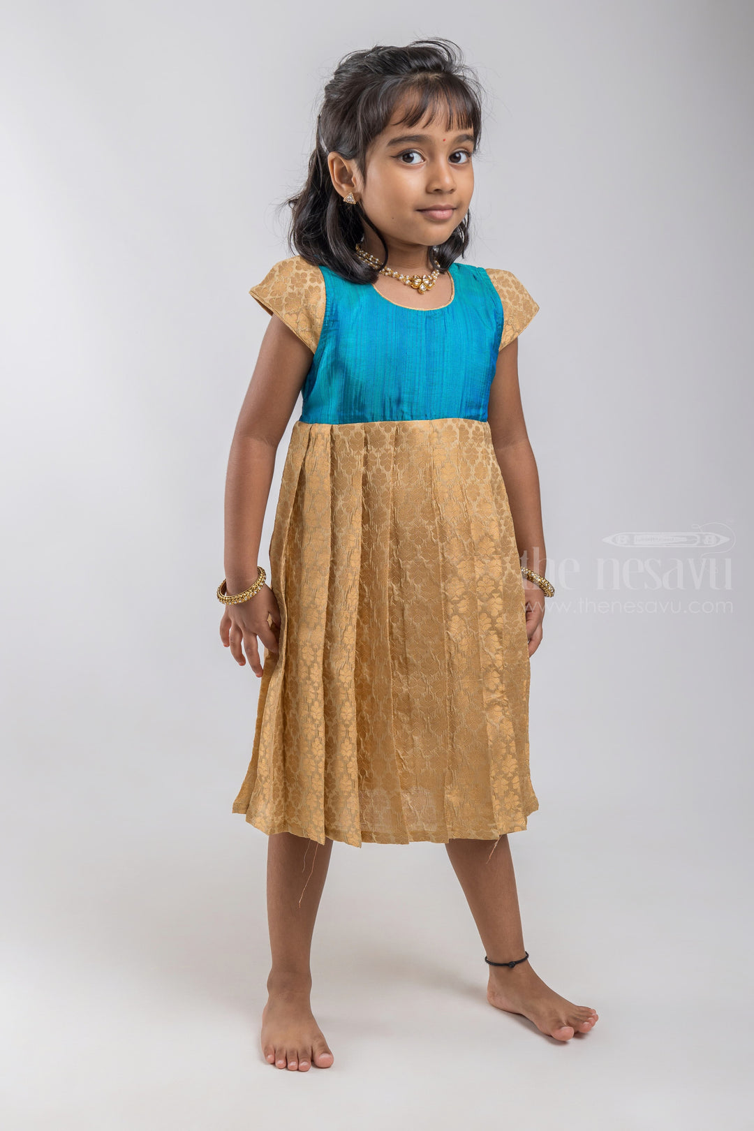 The Nesavu Silk Frock Stunning Blue Solid Yoke And Beige Floral Designer Semi-Silk Frock For Girls psr silks Nesavu 12 (3M) / Beige SF475D