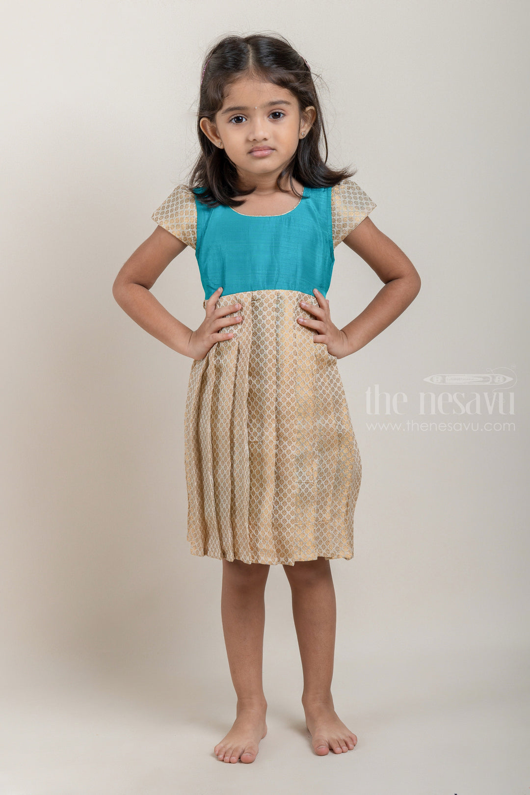 The Nesavu Silk Frocks Stunning Blue Solid Yoke And Beige Floral Designer Semi-Silk Frock For Girls psr silks Nesavu 12 (3M) / Beige SF475C