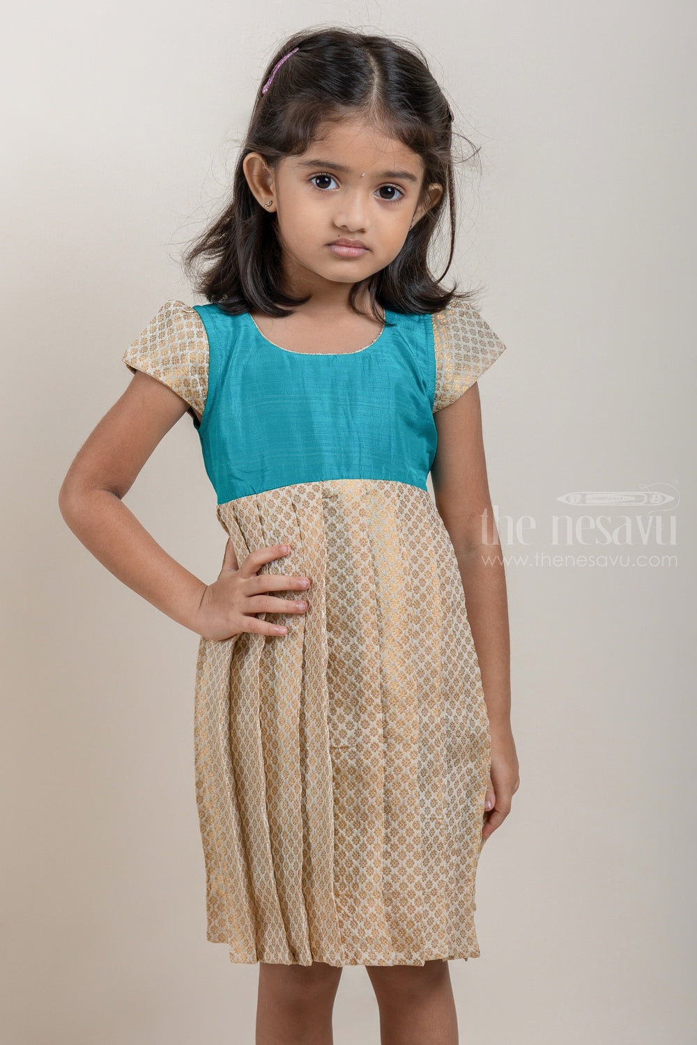 The Nesavu Silk Frocks Stunning Blue Solid Yoke And Beige Floral Designer Semi-Silk Frock For Girls psr silks Nesavu