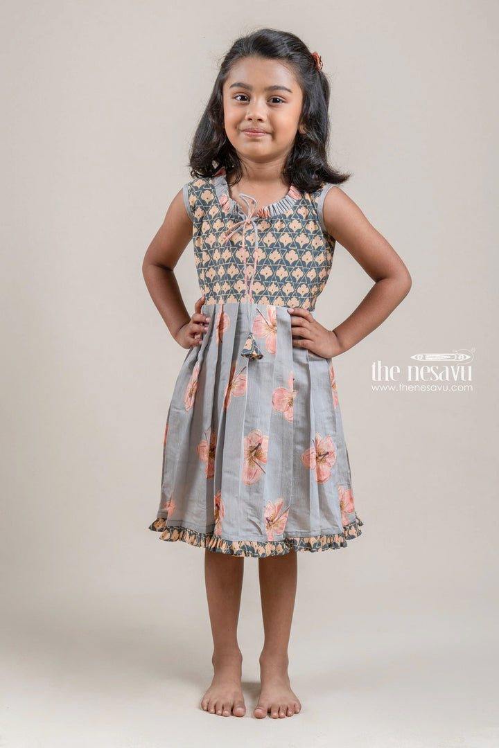 The Nesavu Girls Fancy Frock Stunning Gray Chanderi Floral Printed Cotton Frock with Tiny Ruffle Hem Nesavu 16 (1Y) / Gray / Modal GFC982B-16 Adorable Cotton Frocks for Girls | Cotton Frocks | The Nesavu