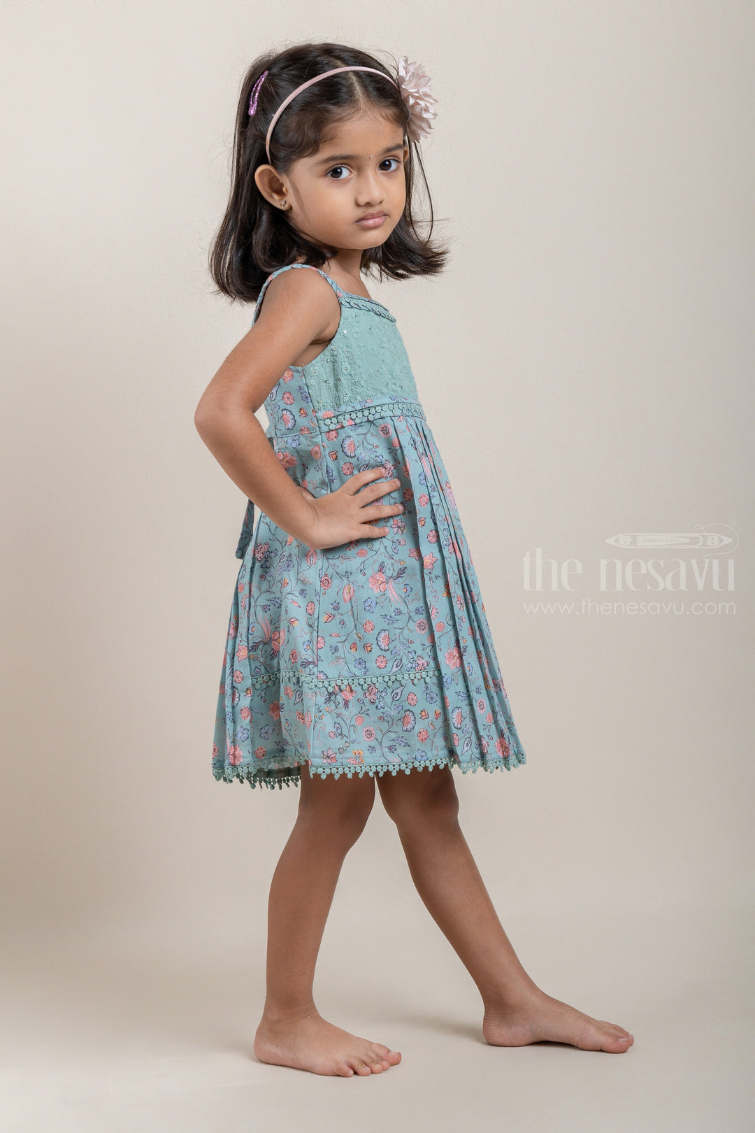 The Nesavu Baby Cotton Frocks Stunning Green Floral Printed Casual Soft Cotton Frock For Girls Nesavu Stylish Girls Cotton Frock Collection | Frock Gown For Girls | The Nesavu