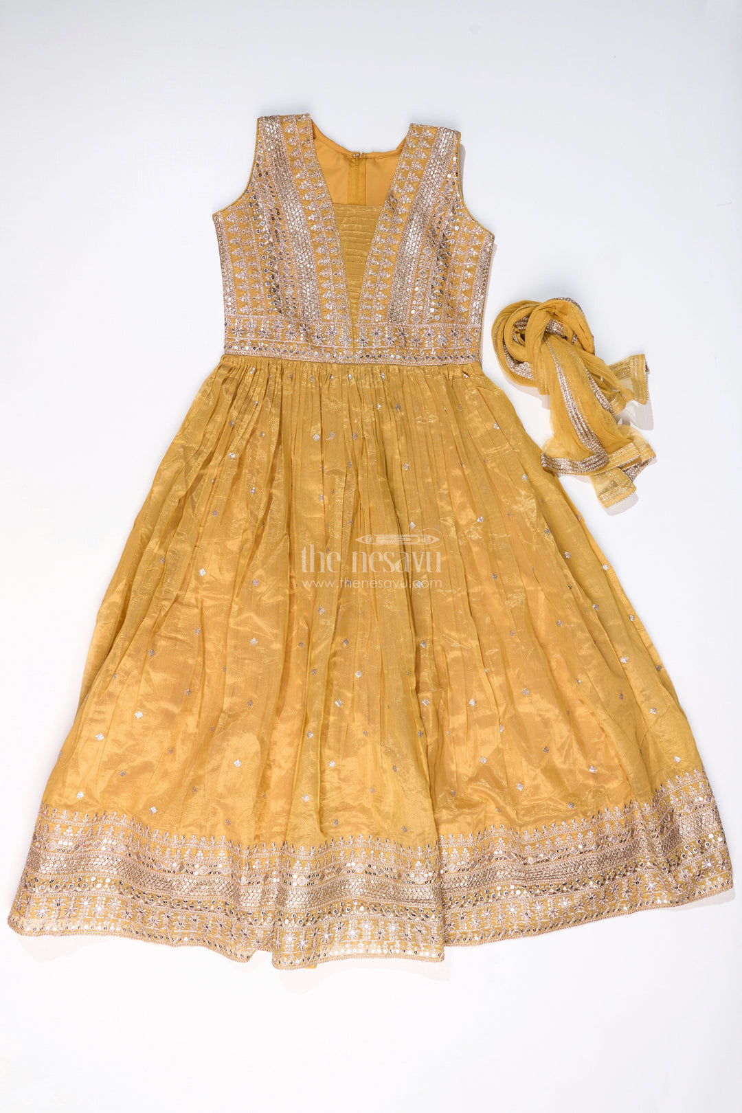 The Nesavu Girls Churidar Sets Stunning Kurta Churidar Set for Girls with Golden Chinon Silk and Exquisite Mirror Work Nesavu 32 (9Y) / Yellow GPS532B-32 Nesavu Stunning Kurta Churidar Set Girls Golden Chinon Silk Exquisite Mirror Work