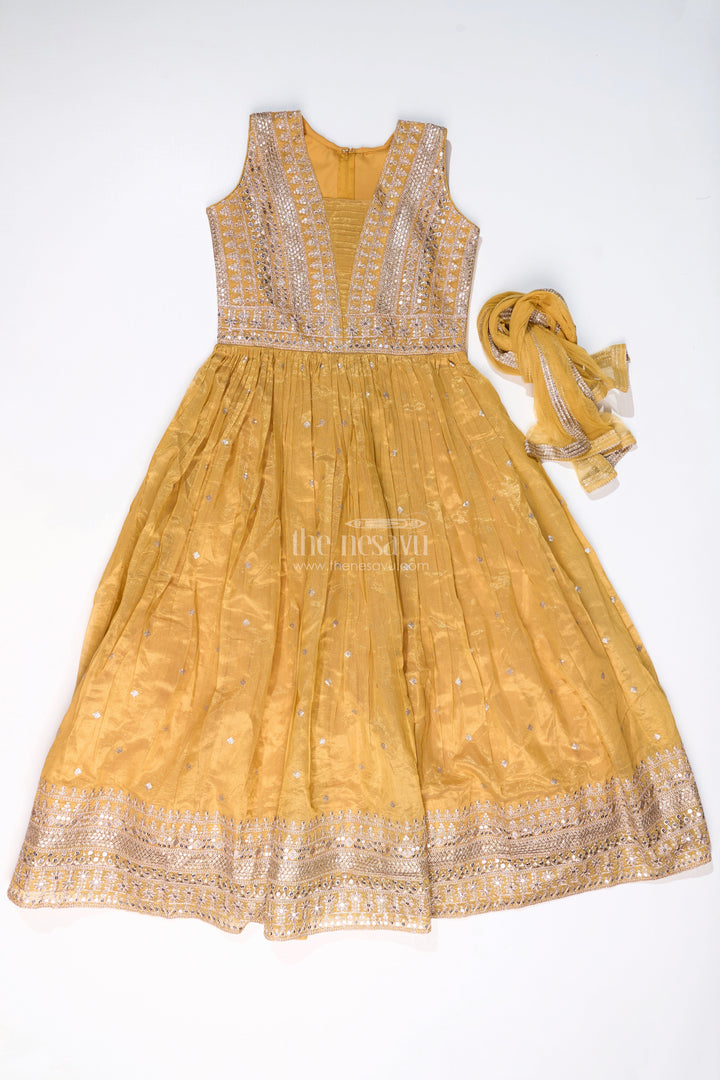 The Nesavu Girls Churidar Sets Stunning Kurta Churidar Set for Girls with Golden Chinon Silk and Exquisite Mirror Work Nesavu 32 (9Y) / Yellow GPS532B-32 Nesavu Stunning Kurta Churidar Set Girls Golden Chinon Silk Exquisite Mirror Work