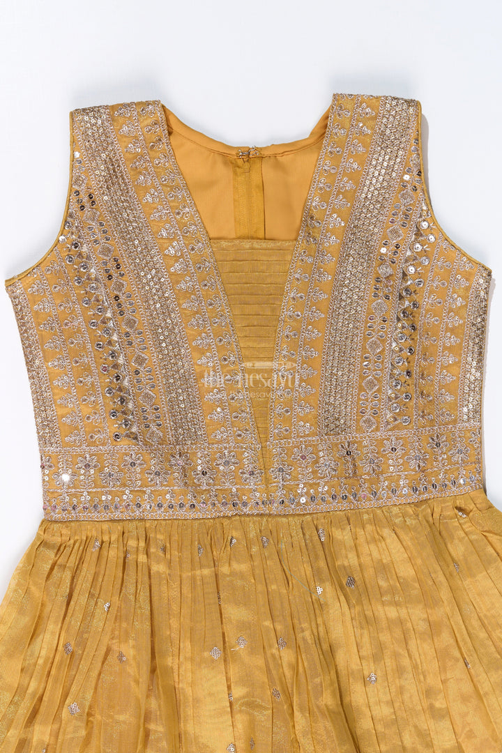 The Nesavu Girls Churidar Sets Stunning Kurta Churidar Set for Girls with Golden Chinon Silk and Exquisite Mirror Work Nesavu Stunning Kurta Churidar Set Girls Golden Chinon Silk Exquisite Mirror Work | The Nesavu