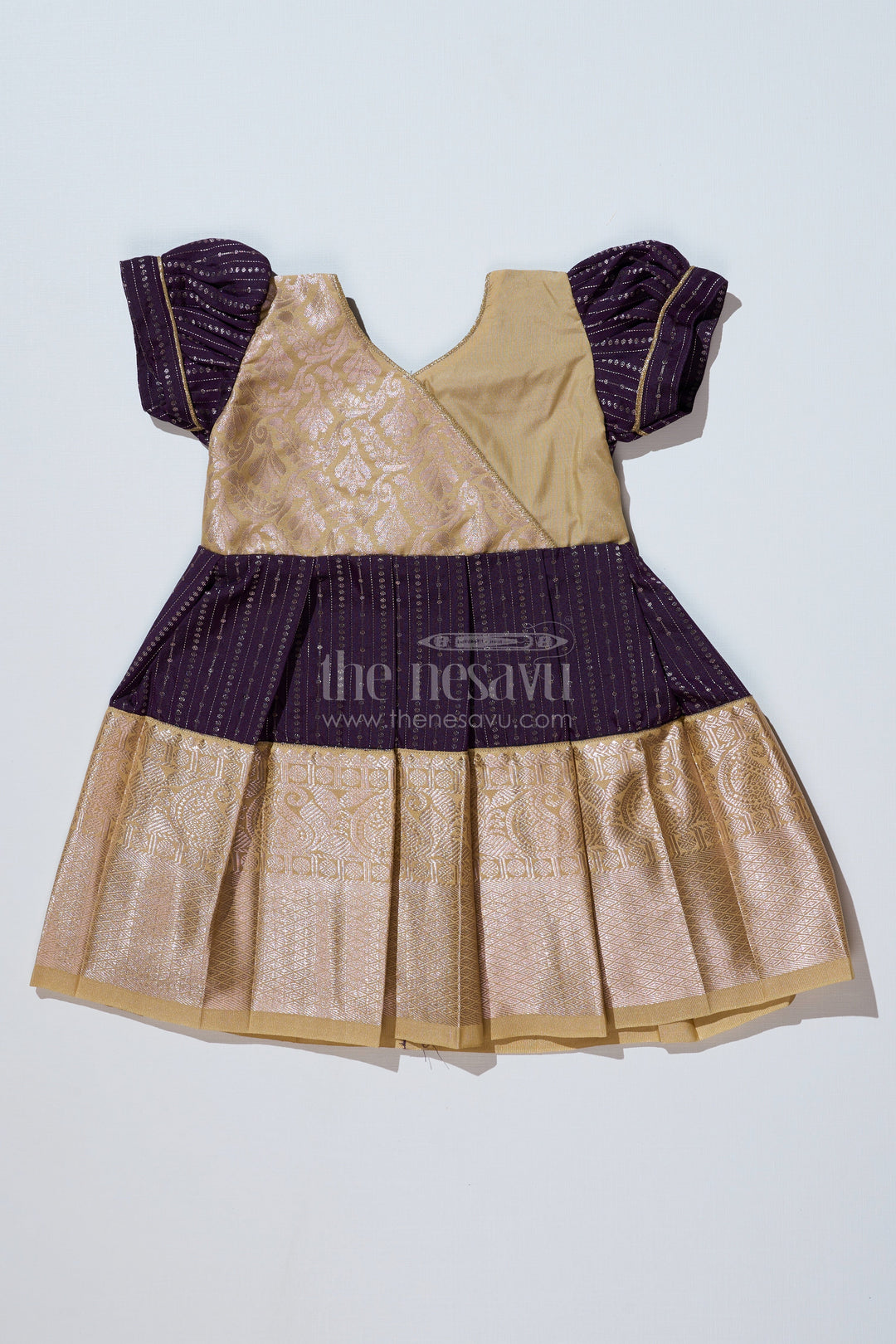 The Nesavu Girls Kanchi Silk Frock Stunning Magenta Silk Dress for Girls with Kanchipuram Inspired Fabric and Gold Zari Pleated Border Nesavu 14 (6M) / Magenta / Style 1 SF823EA-14 Nesavu Magenta Silk Dress Girls Kanchipuram Inspired Fabric Gold Zari Pleated Border