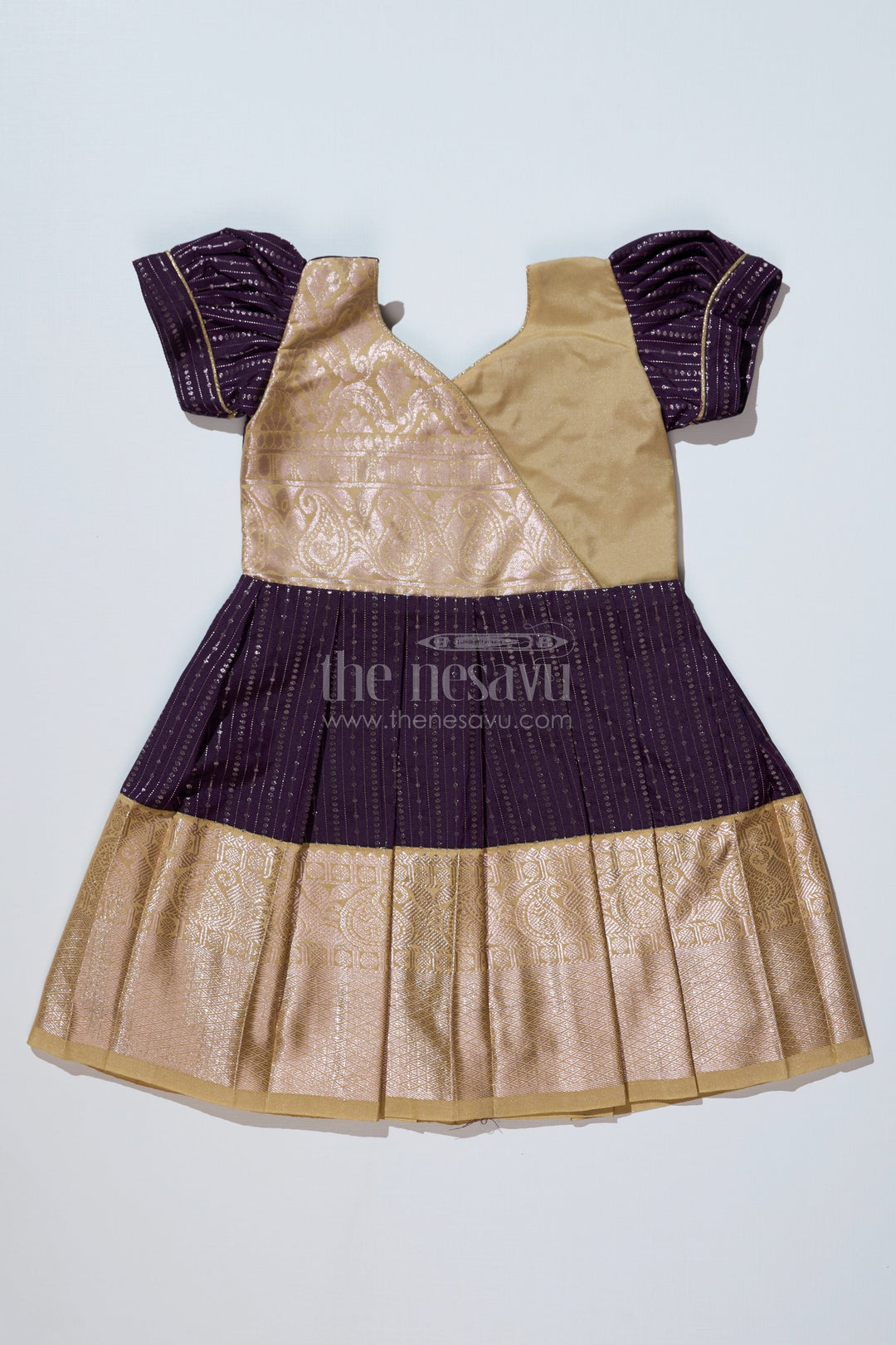 Magenta Silk Dress Girls Kanchipuram Inspired Fabric Gold Zari Pleated Border | The Nesavu The Nesavu Magenta Silk Dress Girls Kanchipuram Inspired Fabric Gold Zari Pleated Border | The Nesavu The Nesavu