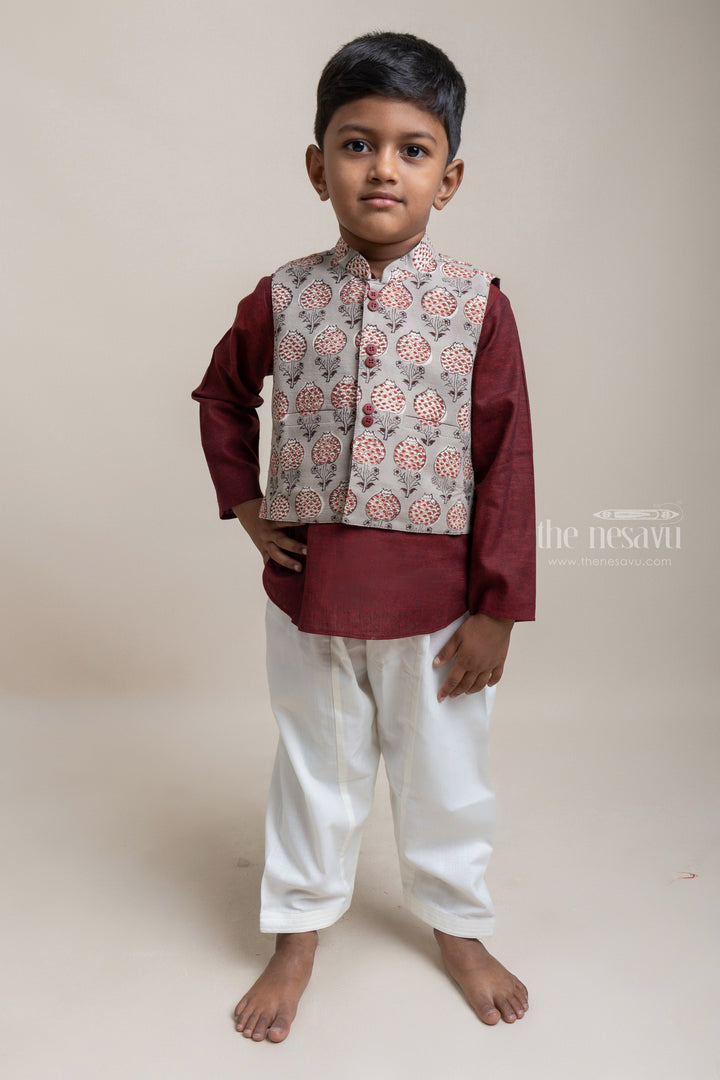 The Nesavu Boys Jacket Sets Stunning Maroon Kurta Set With Floral Designer Overjacket For Boys Nesavu 16 (1Y) / Maroon / Cotton BES302A-16 Get Your Hands on the Latest and Best Ethnic Wear for Boys | The Nesavu